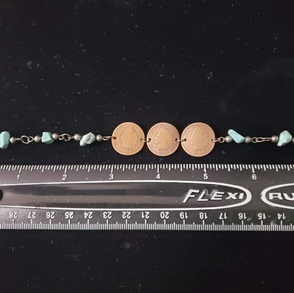 Women's Handmade Turquoise Antique 3 Curved Indian Head Penny Tennis Bracelet - Picture 3 of 6